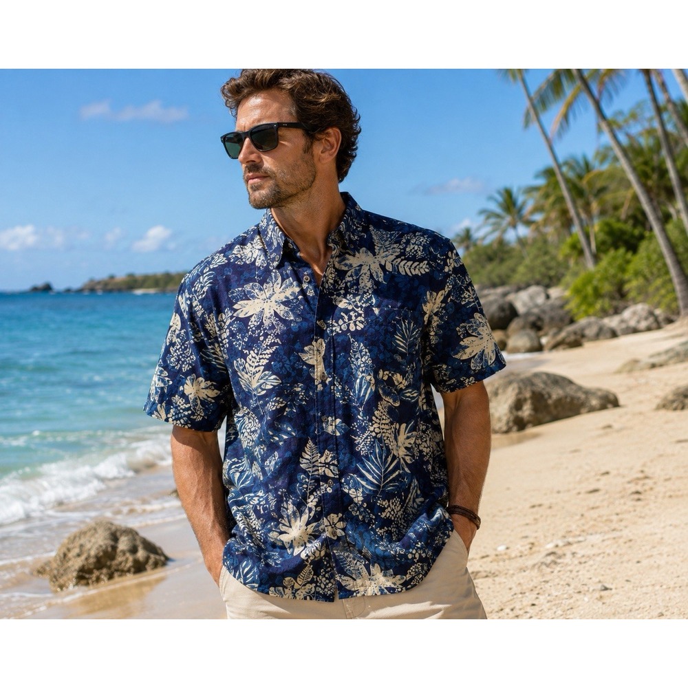 Pusser's West Indies Men's M 100% Silk Blue Tropical Hawaiian Shirt